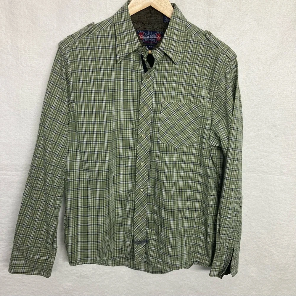 English Laundry Hand Sewn Green & Blue Plaid Button Shirt with Epaulets, - L - Picture 1 of 7